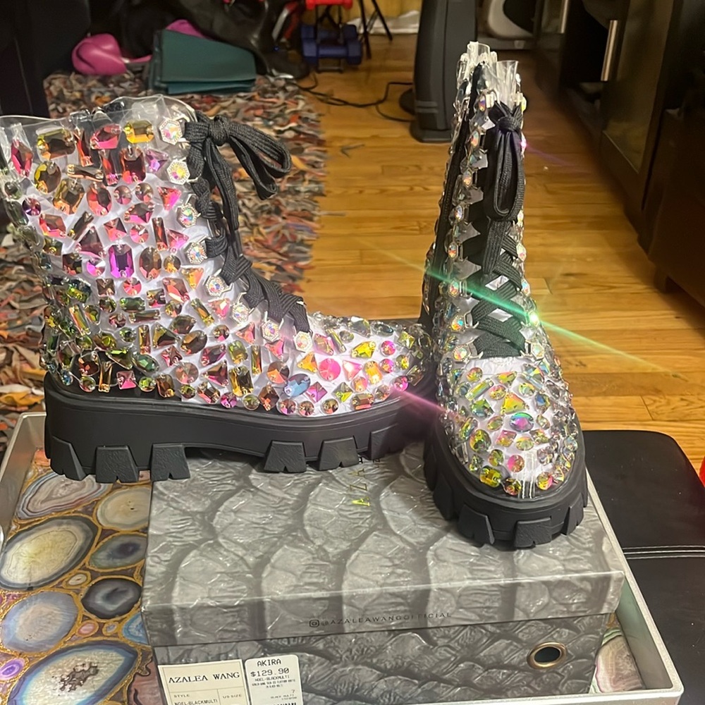 Azalea Wang Crystal Lace Up Boots - Black